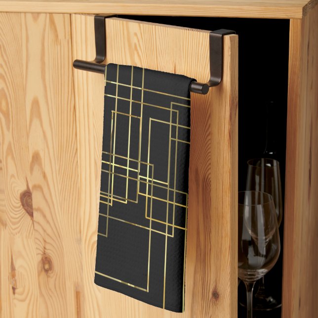 Modern Geometric Faux Gold Labyrinth On black Kitchen Towel (Thirds Fold)