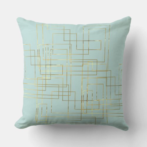 Modern Geometric Faux Gold Lines On Blue Outdoor Pillow