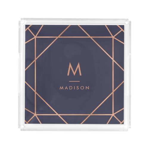 Modern Geometric  Faux Rose Gold on Midnight Blue Acrylic Tray