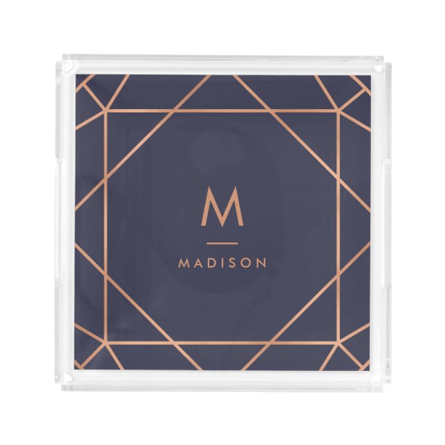 Modern Geometric | Faux Rose Gold on Midnight Blue Acrylic Tray (Front)