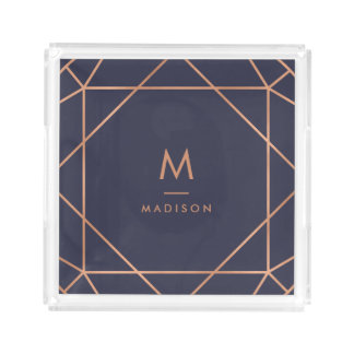 Modern Geometric | Faux Rose Gold on Midnight Blue Serving Tray