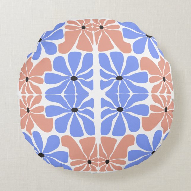 Modern Geometric Floral - Blue & Peach Pattern  Round Pillow (Front)