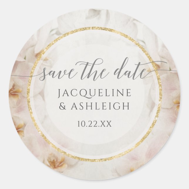 Modern Geometric Floral Gold Glitter Save the Date Classic Round Sticker (Front)