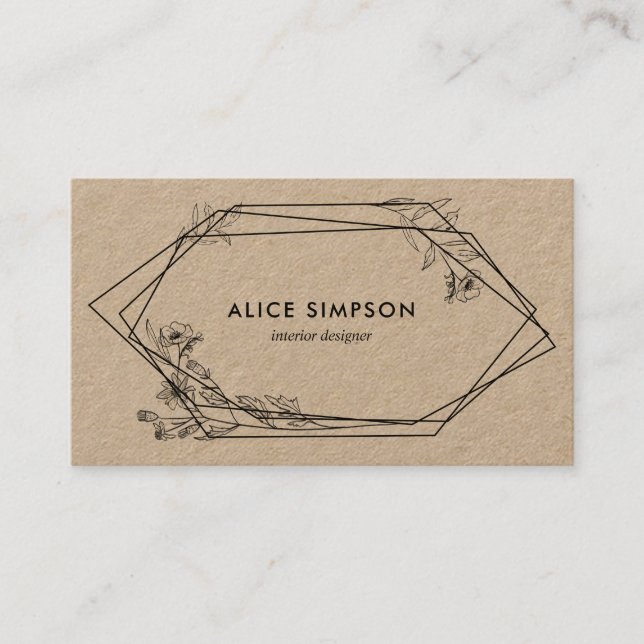Modern Geometric Floral Kraft Business Card (Front)
