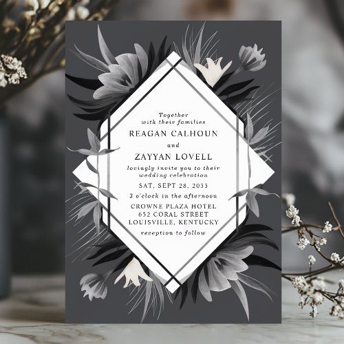 Modern Geometric Floral Monochrome Elegant Wedding Invitation