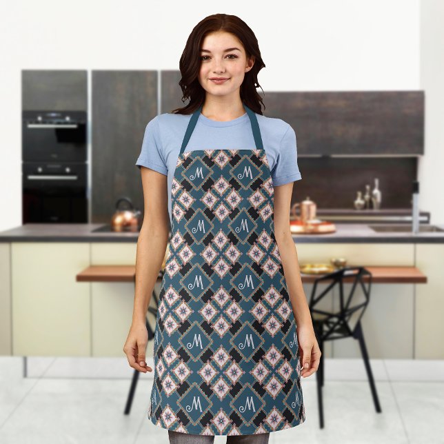 Modern Geometric Floral Monogram Flower Pattern Apron (Creator Uploaded)