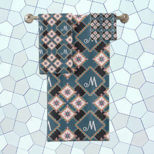Modern Geometric Floral Monogram Flower Pattern Bath Towel Set