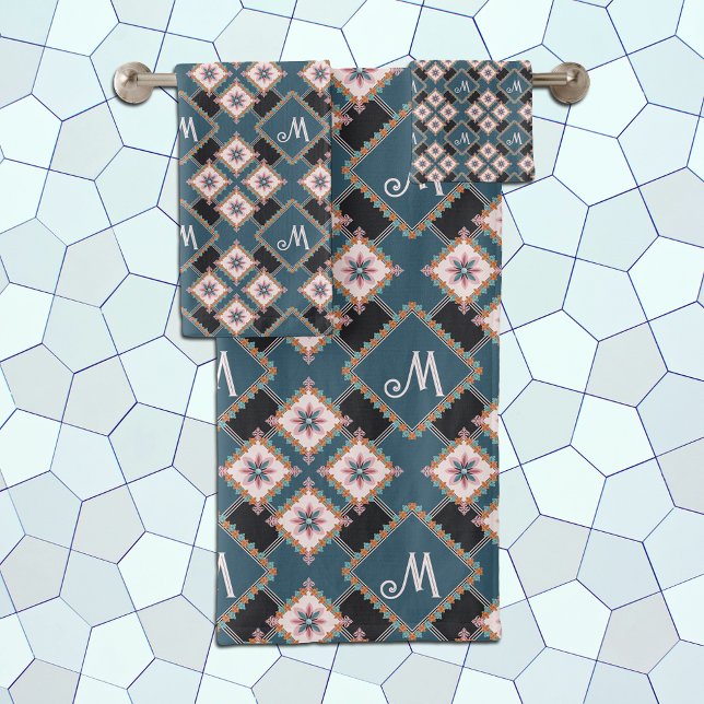 Modern Geometric Floral Monogram Flower Pattern Bath Towel Set (Creator Uploaded)