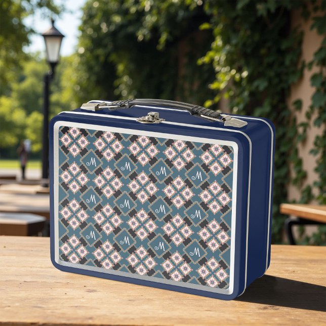 Modern Geometric Floral Monogram Flower Pattern Metal Lunch Box (Creator Uploaded)