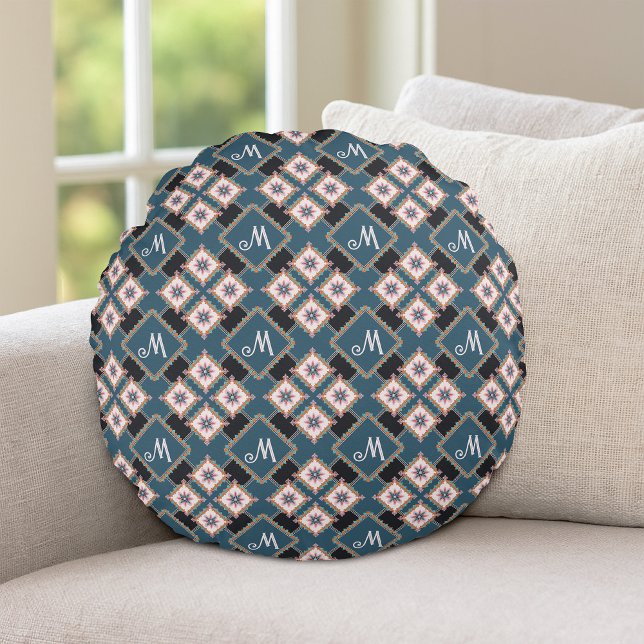 Modern Geometric Floral Monogram Flower Pattern Round Pillow (Creator Uploaded)