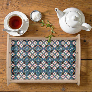 Modern Geometric Floral Monogram Flower Pattern Serving Tray