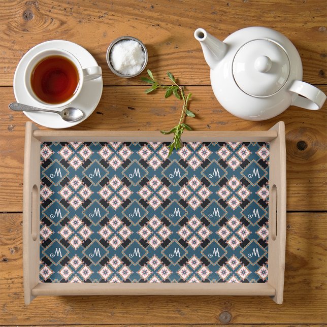 Modern Geometric Floral Monogram Flower Pattern Serving Tray (Creator Uploaded)