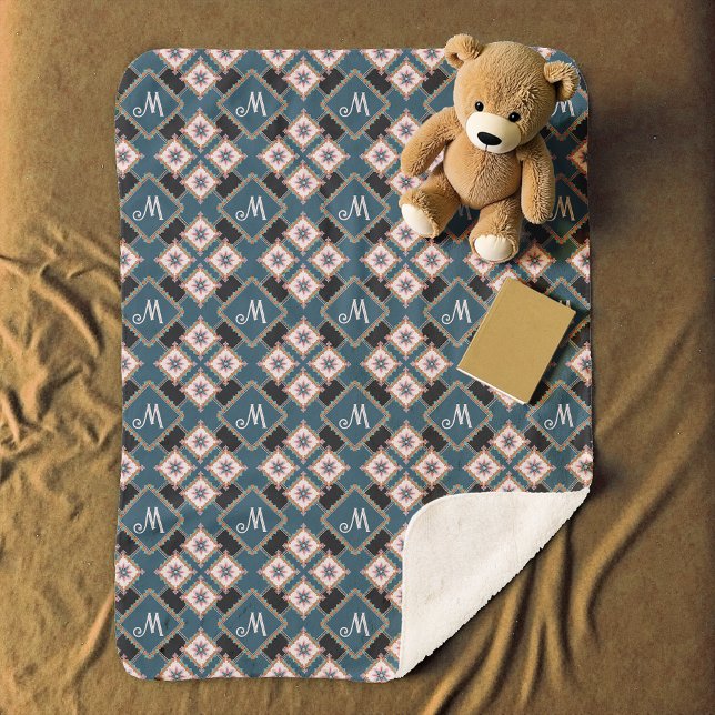 Modern Geometric Floral Monogram Flower Pattern Sherpa Blanket (Creator Uploaded)