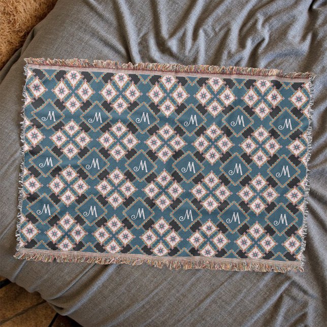 Modern Geometric Floral Monogram Flower Pattern Throw Blanket (Creator Uploaded)