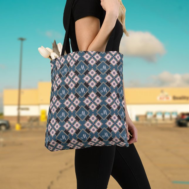 Modern Geometric Floral Monogram Flower Pattern Tote Bag (Creator Uploaded)