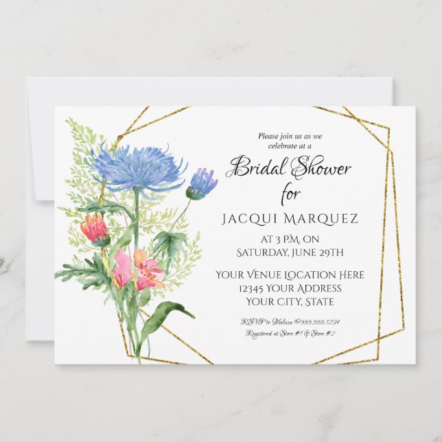 Modern Geometric Floral Pink n Blue Bridal Shower  Invitation (Front)