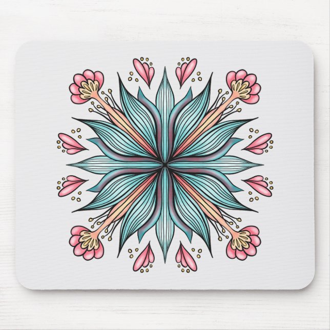 Modern Geometric Flower - Blue Pink Yellow Bloom Mouse Pad (Front)