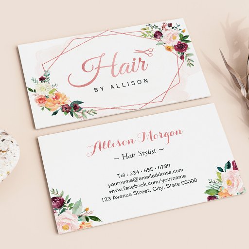 Customizable Modern Geometric Frame Floral Hair Stylist Business Card