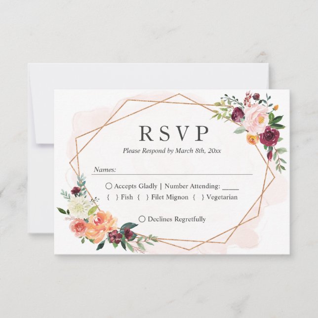 Modern Geometric Frame Floral Wedding RSVP Reply Card (Front)