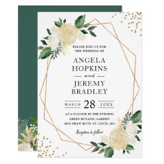 Modern Geometric Frame Nature Green Floral Wedding Card