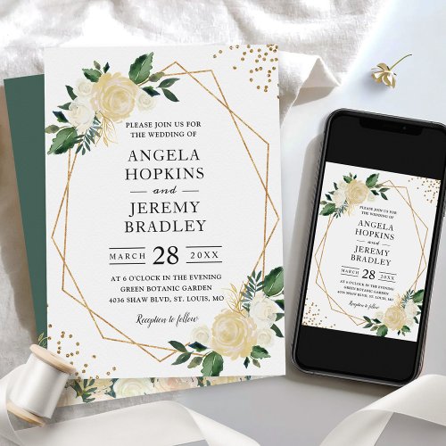 Modern Geometric Frame Nature Green Floral Wedding Card