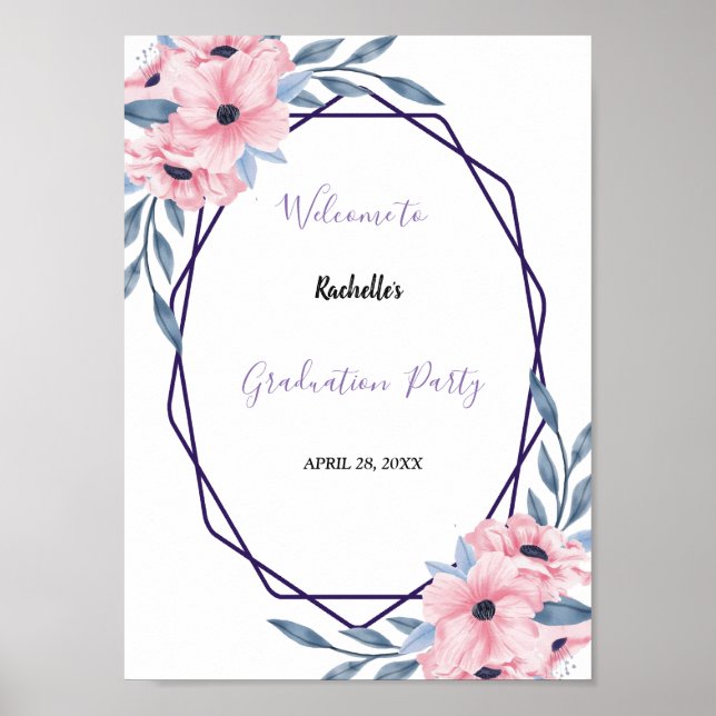 Modern Geometric Frame pink Floral Graduation Poster (Front)