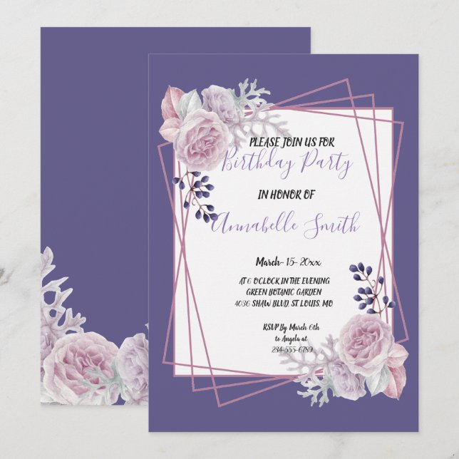 Modern Geometric Frame purple Flora Birthday Party Invitation (Front/Back)