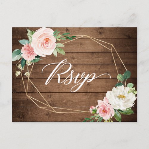 Modern Geometric Frame Rustic Floral Wedding RSVP Invitation Postcard