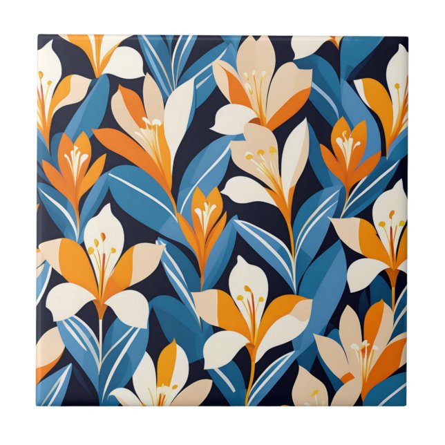 Modern Geometric Freesia Flower Pattern Ceramic Tile (Front)