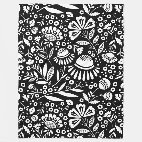 Modern Geometric Garden Floral Black and White Fleece Blanket