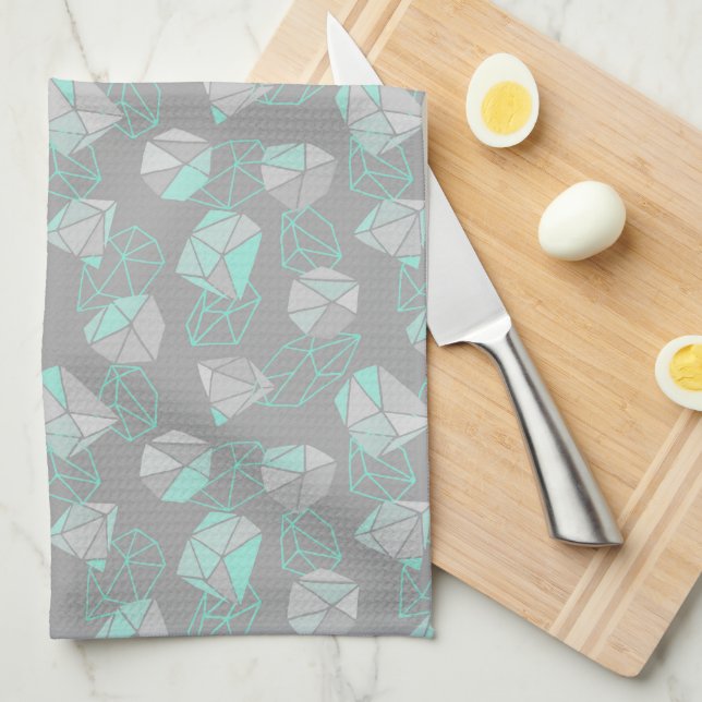 Modern Geometric Gems Pattern Gray & Aqua  Kitchen Towel (Quarter Fold)
