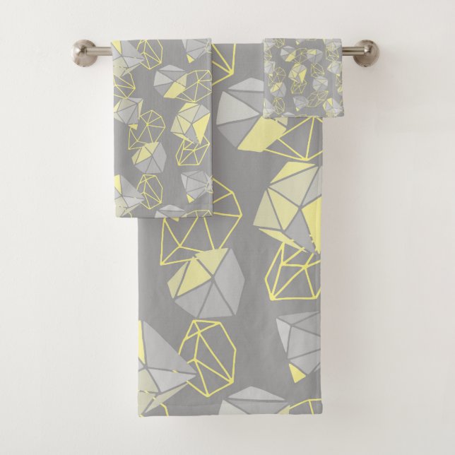 Modern Geometric Gems Pattern Gray & Yellow  Bath Towel Set (Insitu)