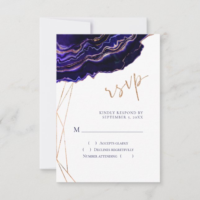 Modern Geometric Geode Blue Purple Rose Gold Agate RSVP Card (Front)