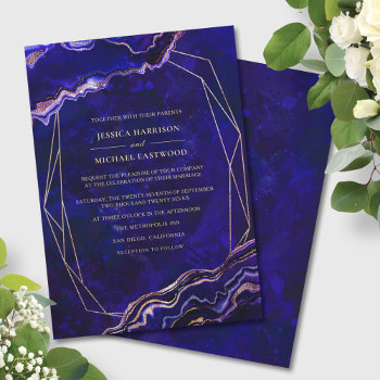 Modern Geometric Geode Deep Blue Agate Wedding Invitation by WittyBetty at Zazzle