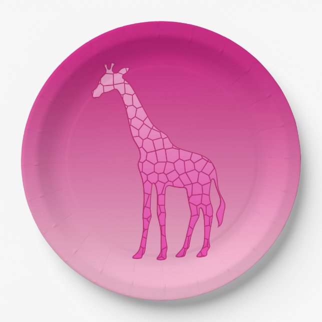 Modern Geometric Giraffe, Fuchsia and Light Pink Paper Plates (Front)