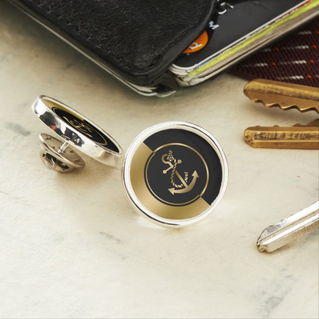 Modern Geometric Gold & Black Boat Anchor Lapel Pin (In Situ)