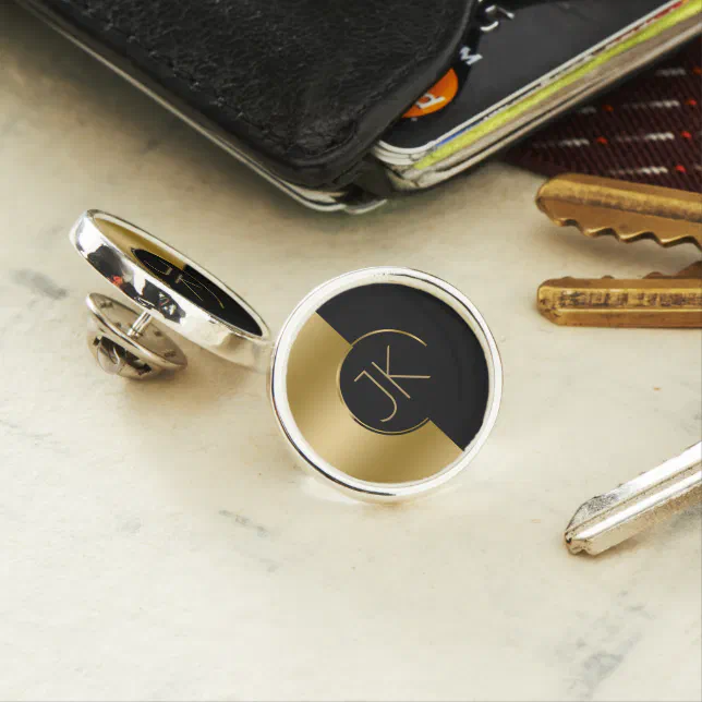 Modern Geometric Gold & Black Design Monogram Pin | Zazzle