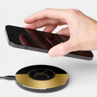 Modern Geometric Gold & Black Design Monogram Wireless Charger