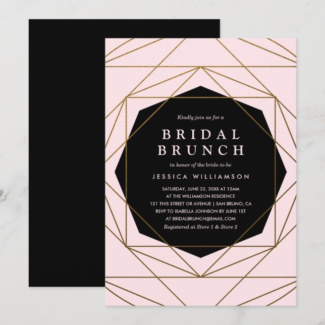 Modern Geometric Gold, Blush & Black Bridal Brunch Invitation (Front/Back)
