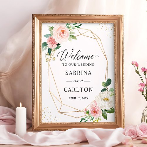 Modern Geometric Gold Blush Floral Wedding Sign