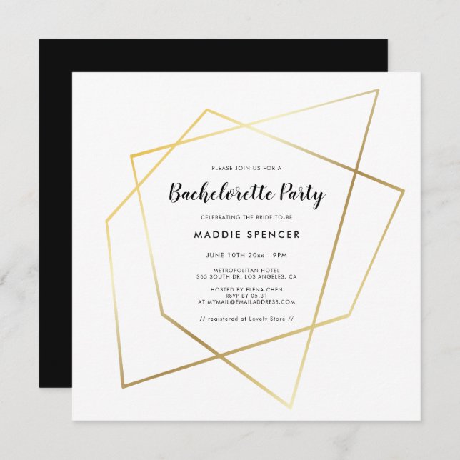 Modern geometric gold frame Bachelorette Party Invitation (Front/Back)