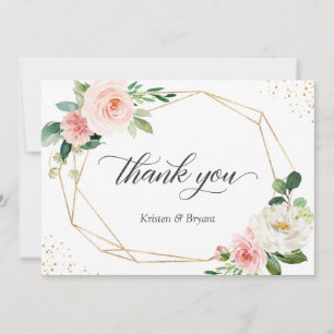 Modern Geometric Gold Frame Blush Floral Wedding Thank You Card