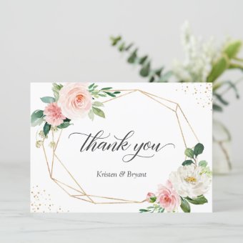 Modern Geometric Gold Frame Blush Floral Wedding Thank You Card | Zazzle