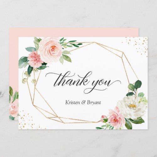 Modern Geometric Gold Frame Blush Floral Wedding Thank You Card