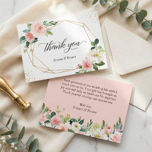Modern Geometric Gold Frame Blush Floral Wedding Thank You Card