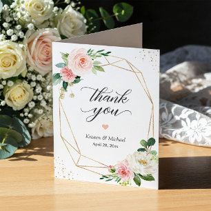 Modern Geometric Gold Frame Blush Pink Floral Letterpress Thank You Card