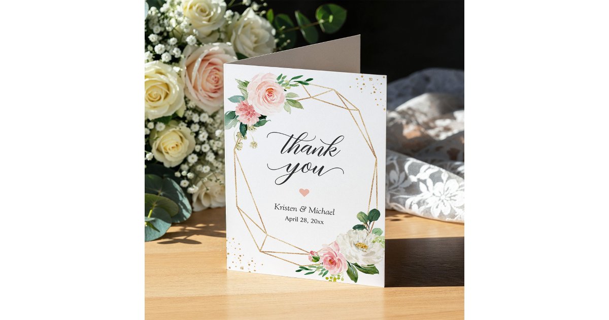 Modern Geometric Gold Frame Blush Pink Floral Thank You Card | Zazzle