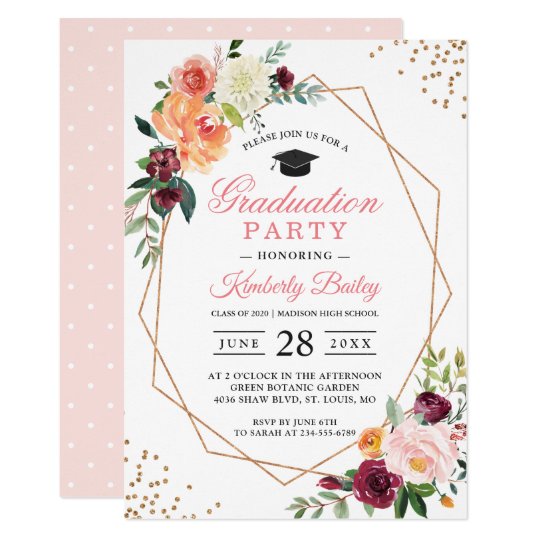 modern geometric gold frame chic floral graduation invitation