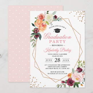 Modern Geometric Gold Frame Chic Floral Graduation Invitation