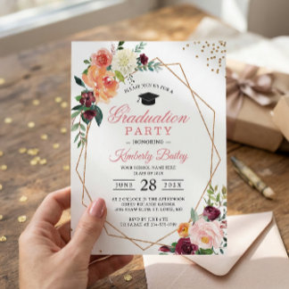 Modern Geometric Gold Frame Chic Floral Graduation Invitation